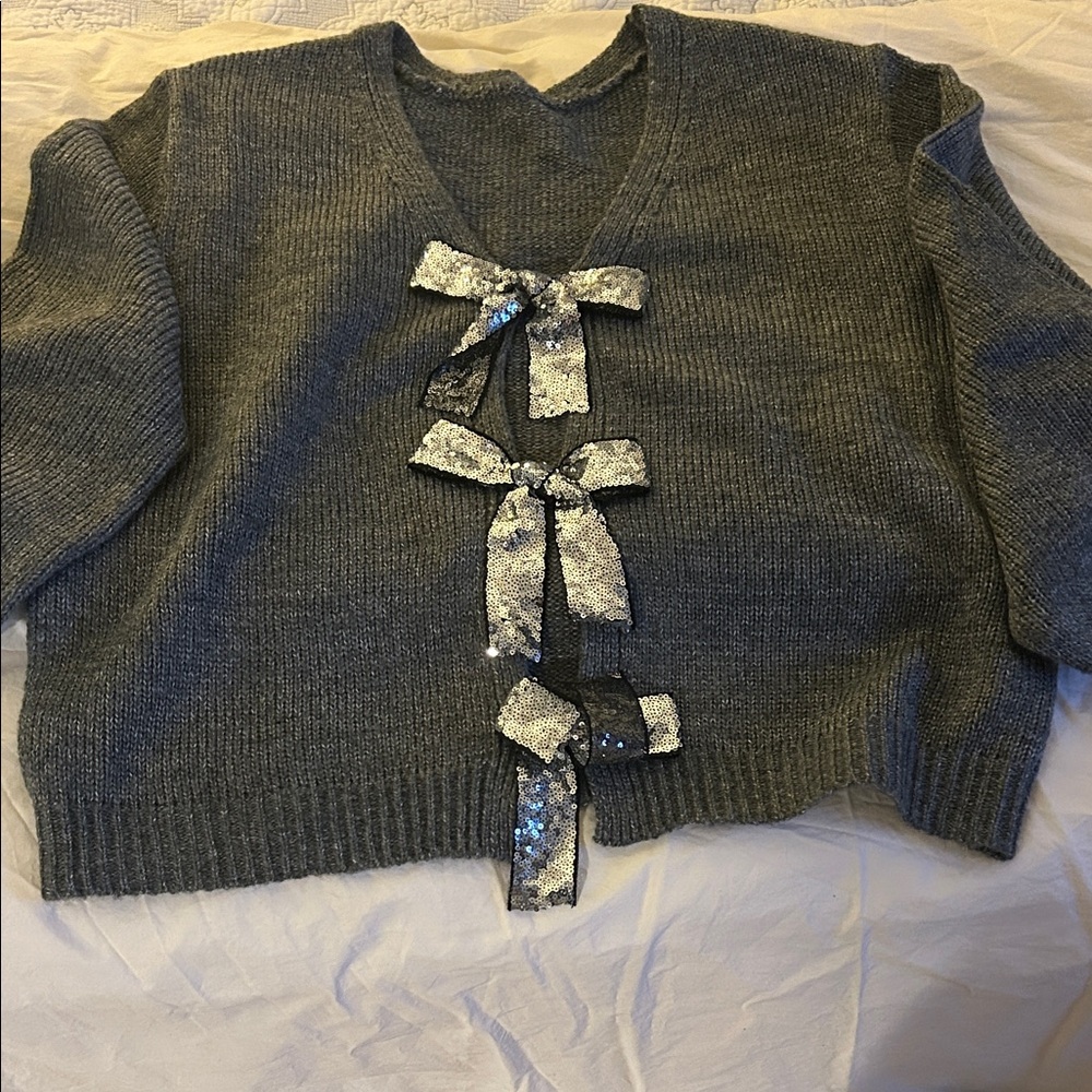Gray Sweater with Sequin Bows
